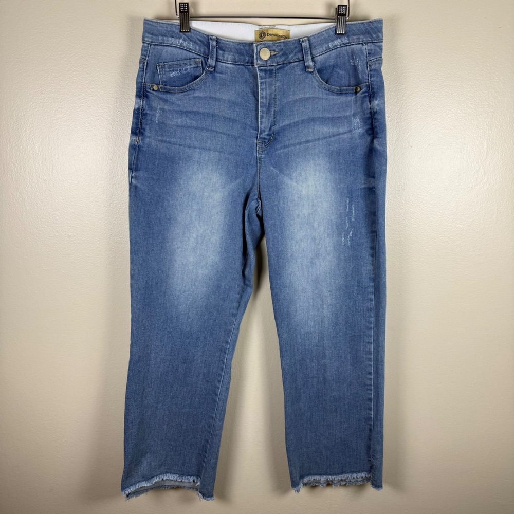 Democracy Women's 12 Straight Leg Jeans Blue Frayed Hem Distressed Absolution